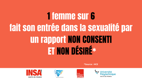 1 femme sur 6 fait son entrée dans la sexualité par un rapport NON CONSENTI ET NON DÉSIRÉ* *Source: HСЕ INSA HAUTS-DE-FRANCE e Fédération des Etudiants ÉLUS ÉTUDIANTS INSA Université Polytechnique HAUTS-DE-FRANCE