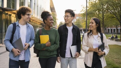 4 étudiants internationaux qui se déplacent ensemble sur le campus